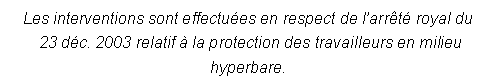 Zone de Texte: Les interventions sont effectuées en respect de l’arrêté royal du 23 déc. 2003 relatif à la protection des travailleurs en milieu hyperbare.